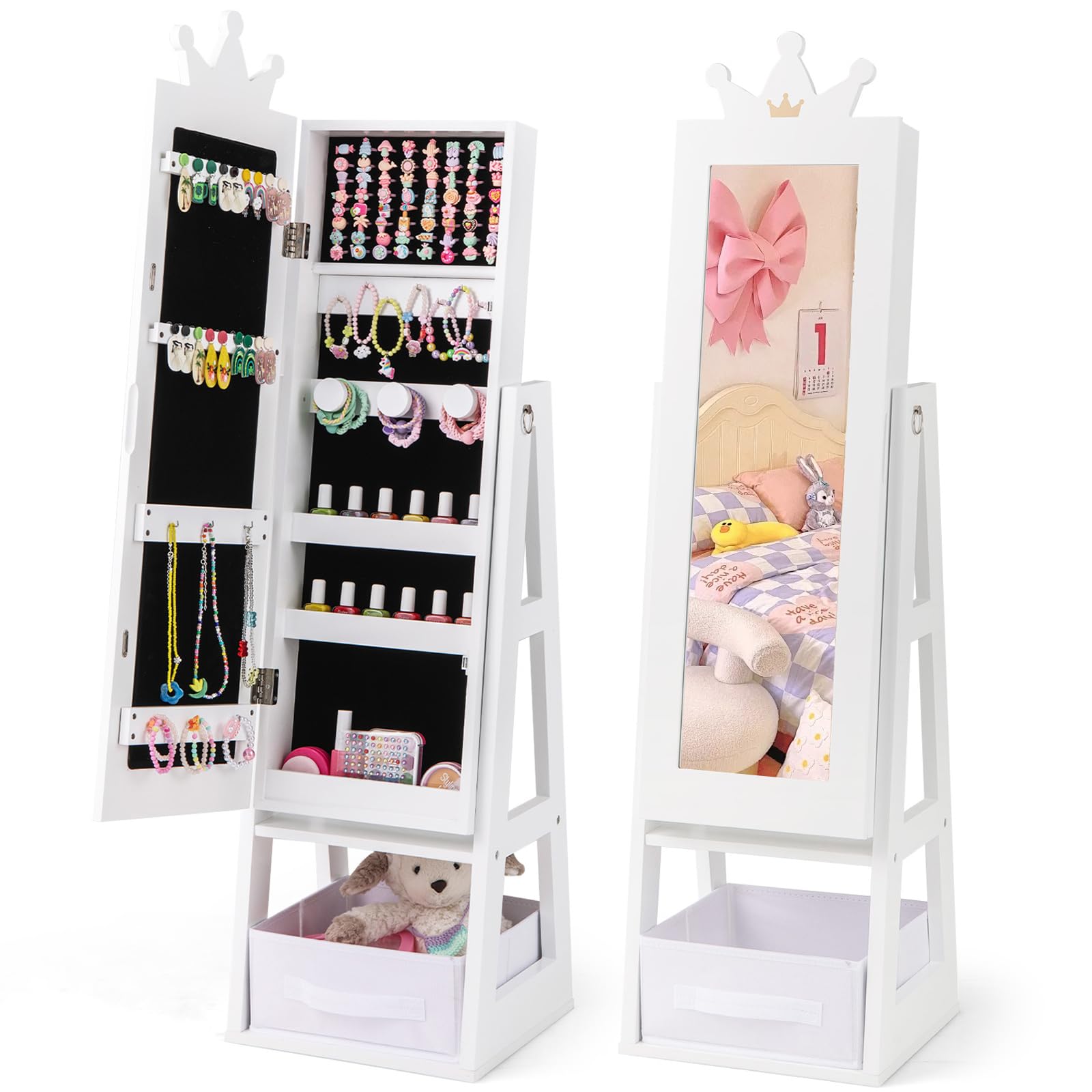CHARMAID Kids Mirror Jewelry Cabinet - 45.5'' Standing Jewelry Armoire with Full Length Mirror