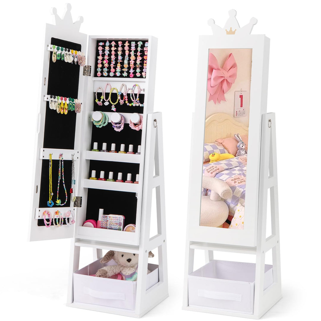 CHARMAID Kids Mirror Jewelry Cabinet - 45.5'' Standing Jewelry Armoire with Full Length Mirror