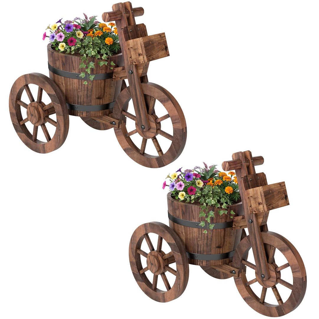 Giantex Wooden Wagon Planter with Wheels for Patio Backyard Balcony
