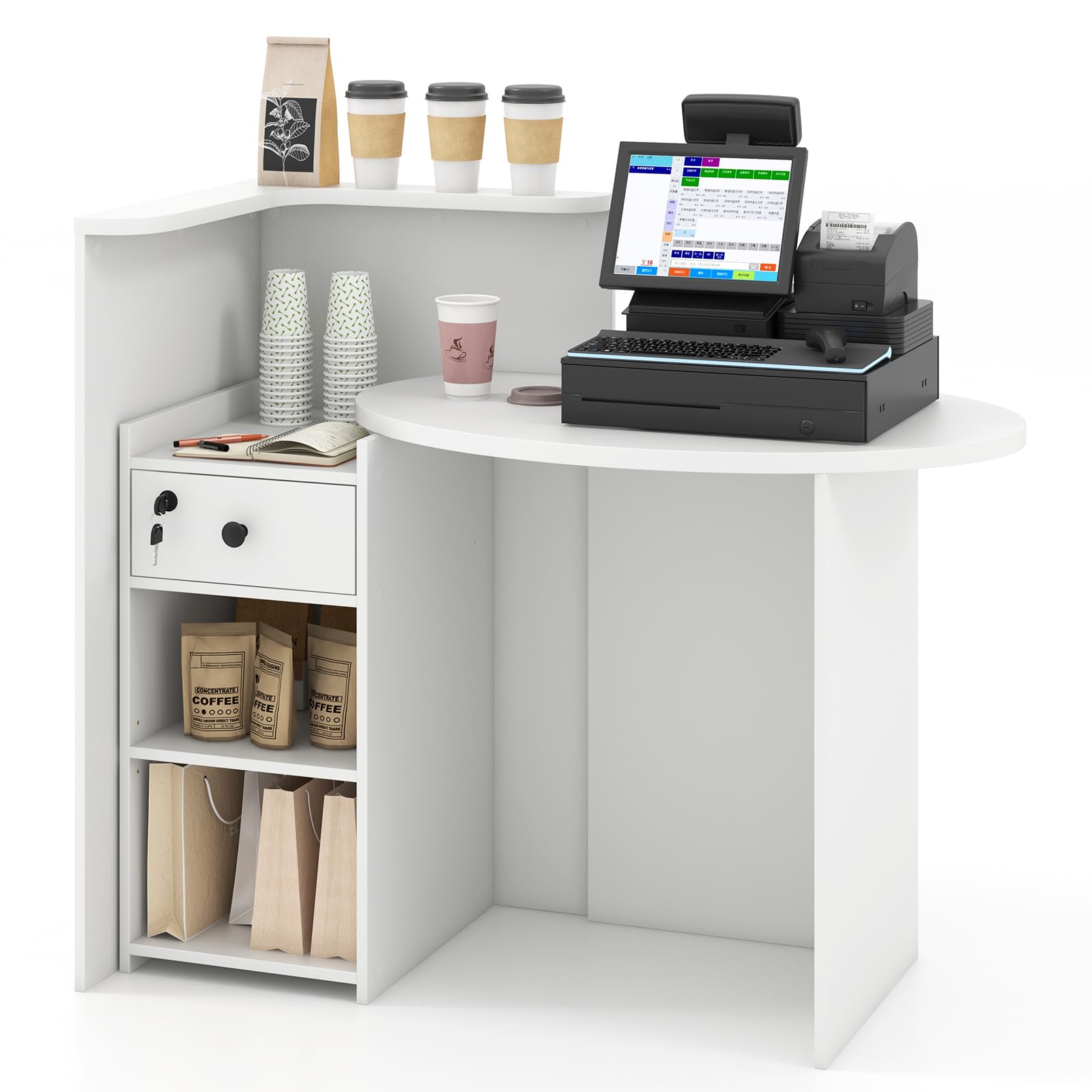 Giantex Reception Desk, Front Counter Desk with Lockable Drawer, Checkout Table with Round Tabletop