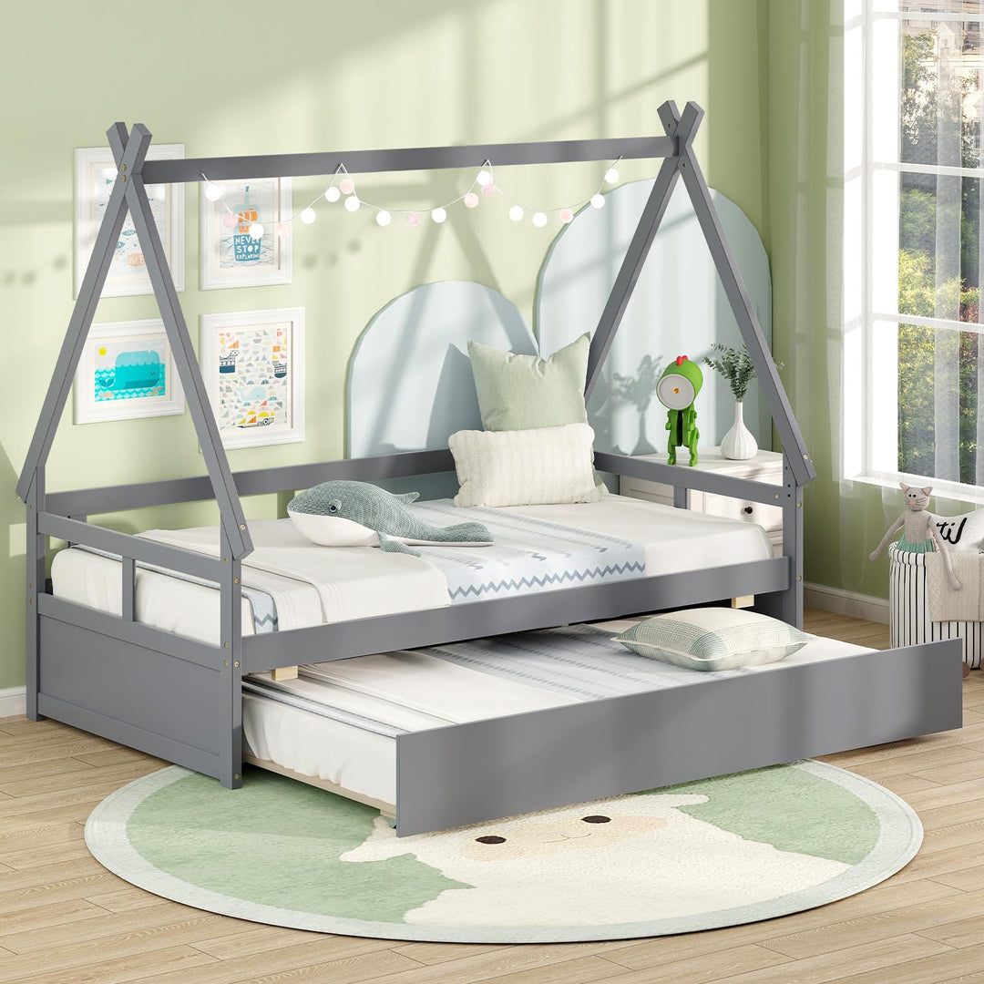 montessori tent bed Giantex Twin House Bed with Trundle, Wood Montessori Tent Bed Frame with Safety Guardrail Gray
