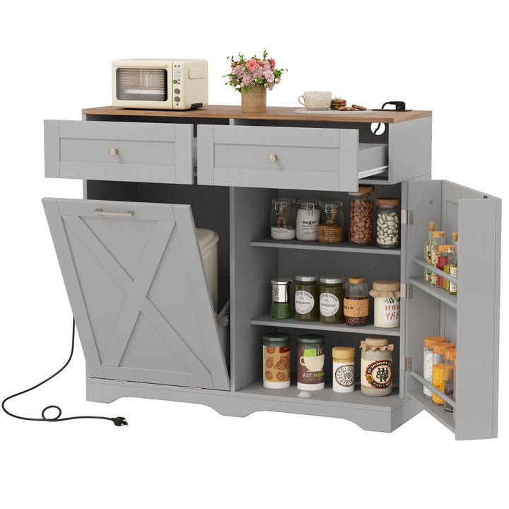 Tilt Out Trash Can Cabinet 9.25 Gallon, Kitchen Island with Power Outlet