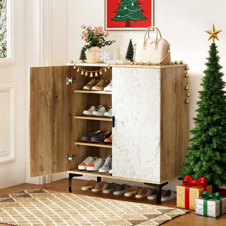 Giantex Shoe Cabinet 4-Tier Wooden Shoe Rack Cabinet(Marble Pattern Door)