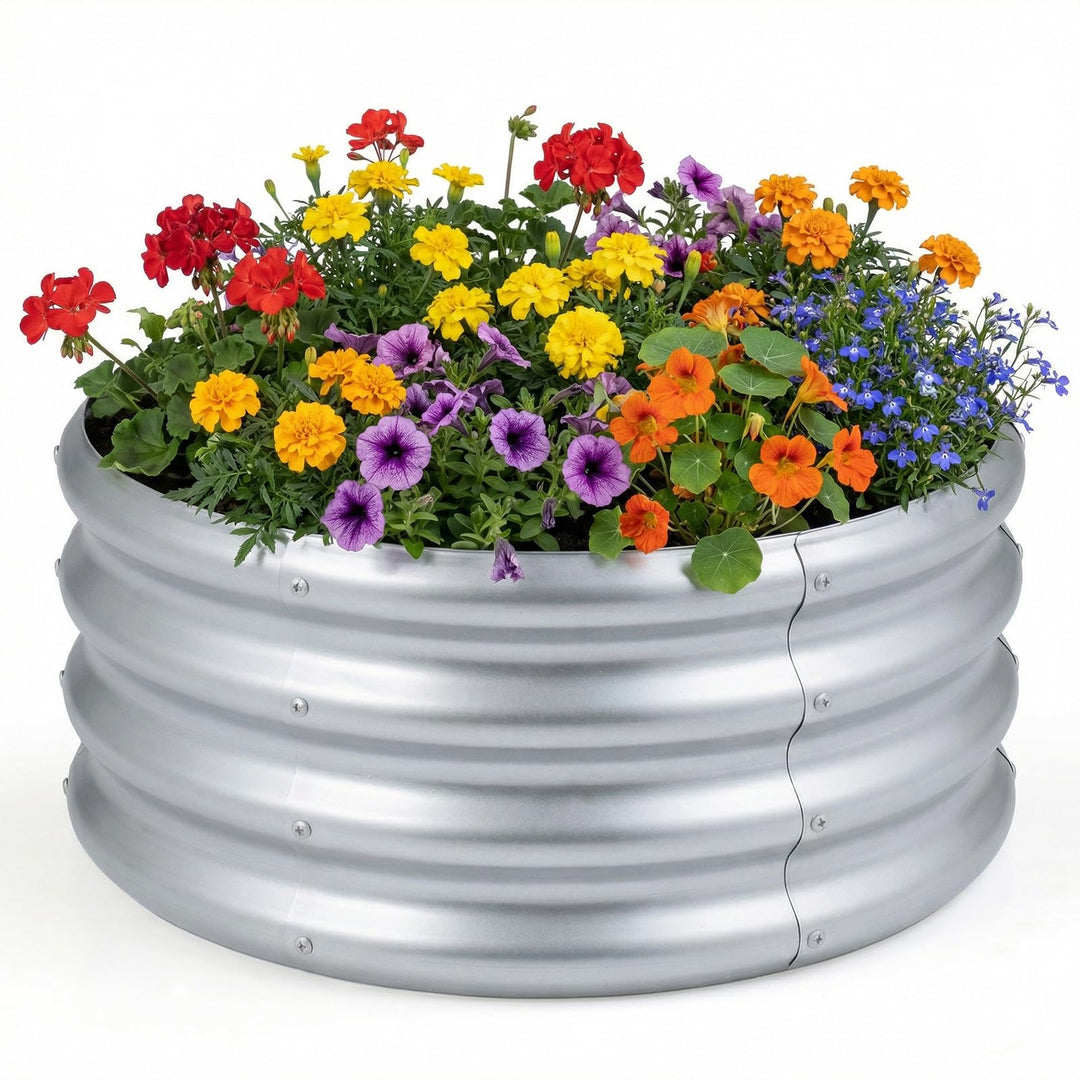 Giantex Galvanized 2 x 2 x 1 FT Round Outdoor Planter Box with Open-Ended Base (1/2)