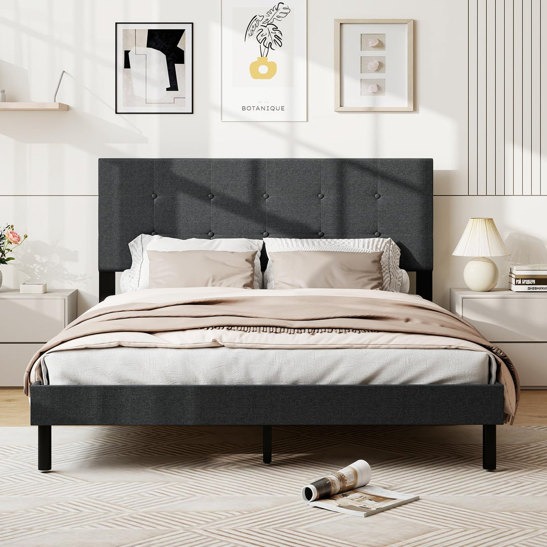 Giantex Queen Bed Frame Linen Upholstered Platform Bed with Button Tufted Headboard