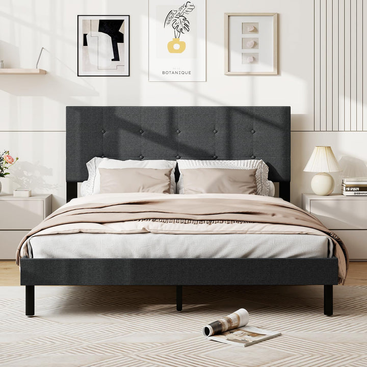 Giantex Queen Bed Frame Linen Upholstered Platform Bed with Button Tufted Headboard