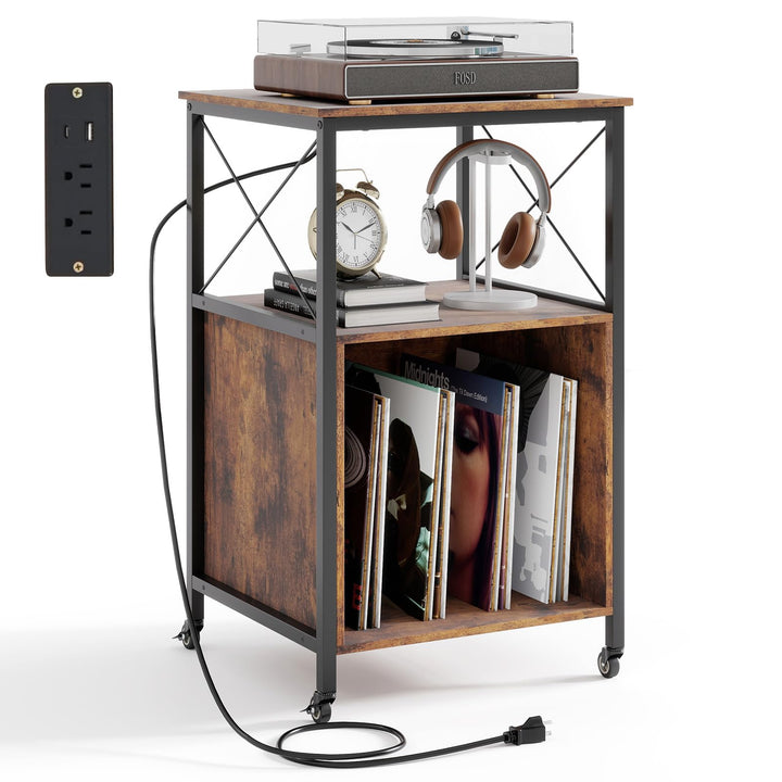 Giantex Record Player Stand with Charging Station Rolling 3-Tier Turntable Stand