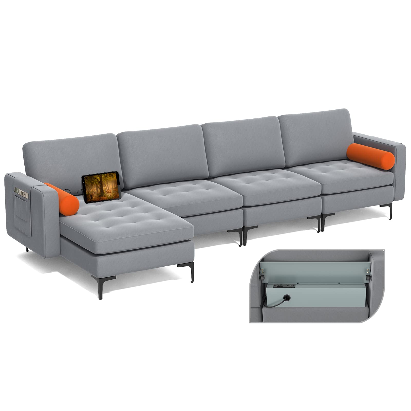 Giantex Sectional Sofa Couch, Convertible Sleeper with 2 or 1 USB Ports Socket