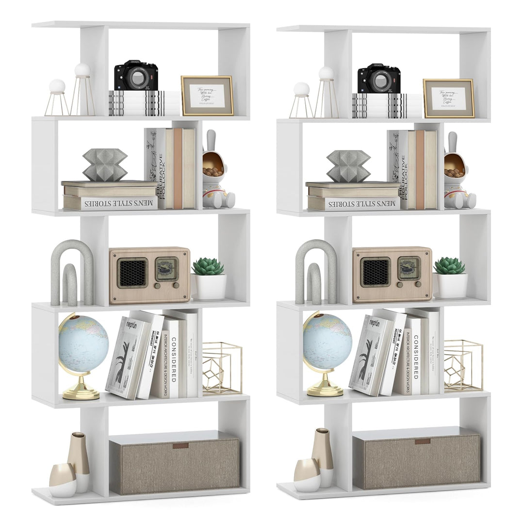 Giantex 5-Tier Geometric Bookshelf, 62.5" Tall Wood S-Shaped Bookcase with Anti-Tipping Device