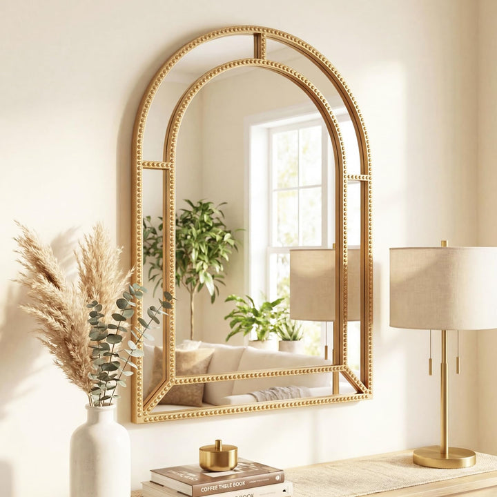 CHARMAID Gold Arched Wall Mirror with Beaded Frame for Bathroom Entryway