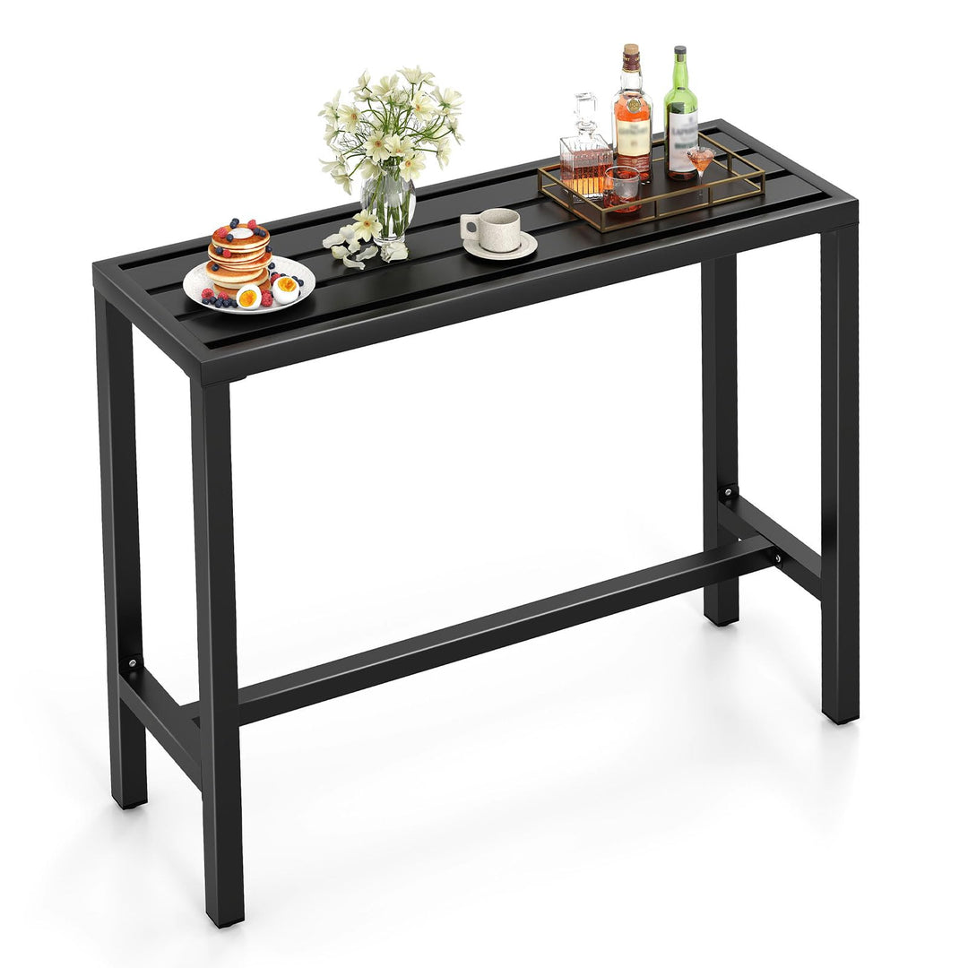 Giantex 48" Outdoor Rectangle Bar Table with Counter Height Slatted Top & Footrest, Black
