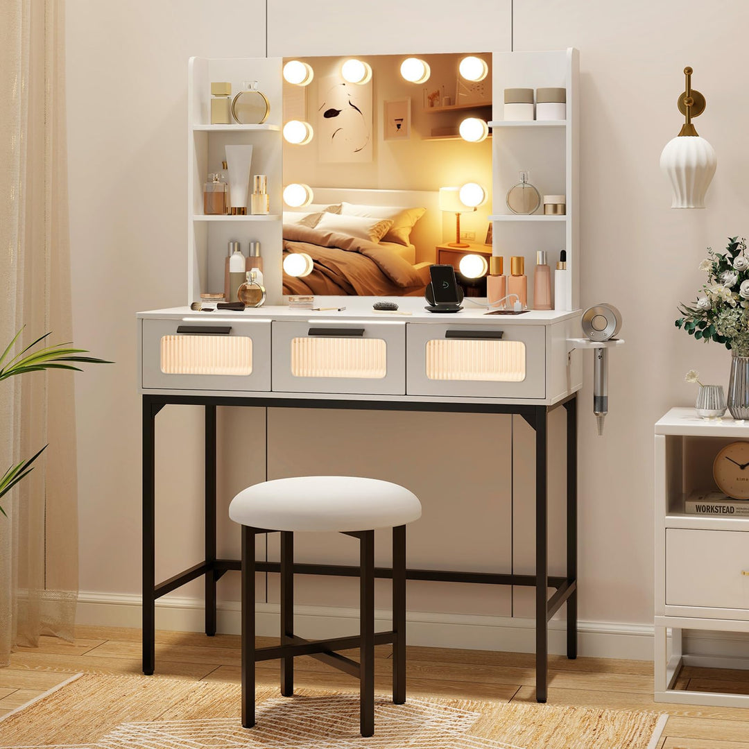 Vanity Desk with Mirror and Lights, White Makeup Vanity Desk with Charging Station