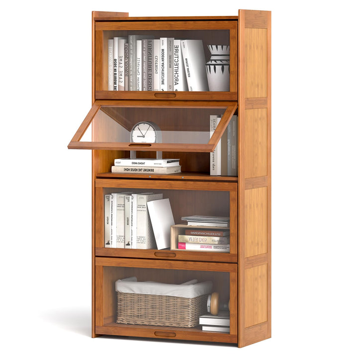 Giantex 4-Tier Bookcase with Clear Doors, 55" Bamboo Bookshelf with Flip-up Acrylic Doors, Freestanding Cube Storage Organizer with Shelves