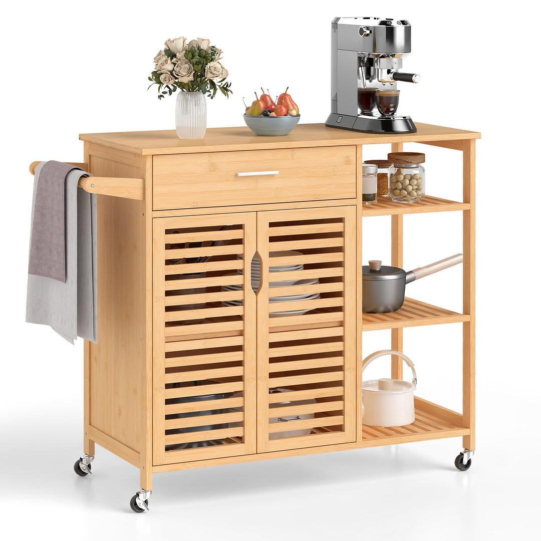 Giantex Bamboo Kitchen Island Cart with Drawer and Storage Cabinet