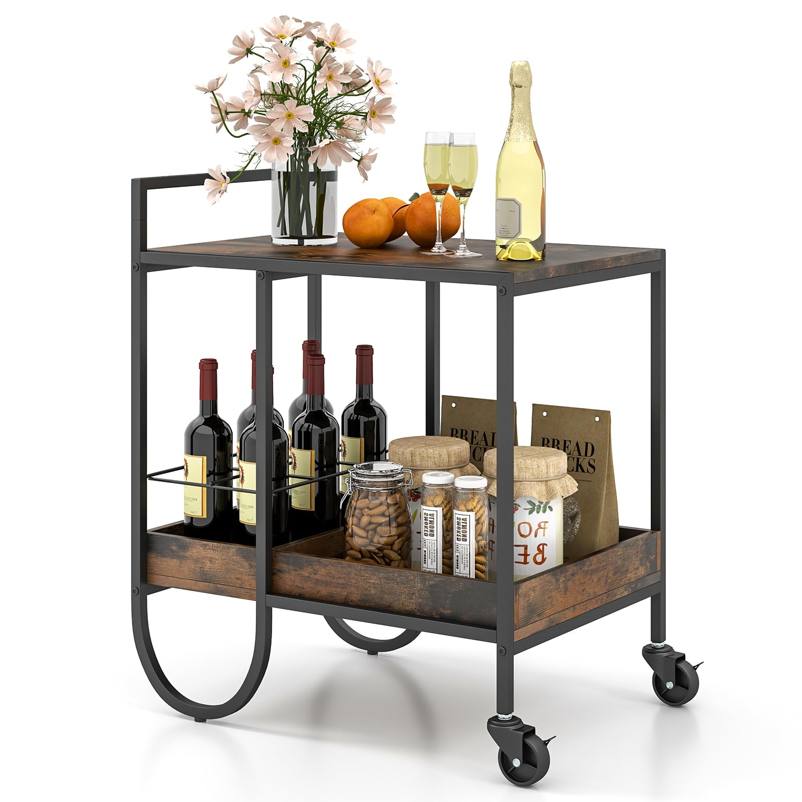 Giantex Bar Cart, 2-Tier Home Coffee Bar Serving Cart with Wine Rack for Wine Liquor Beverage Dinner Party