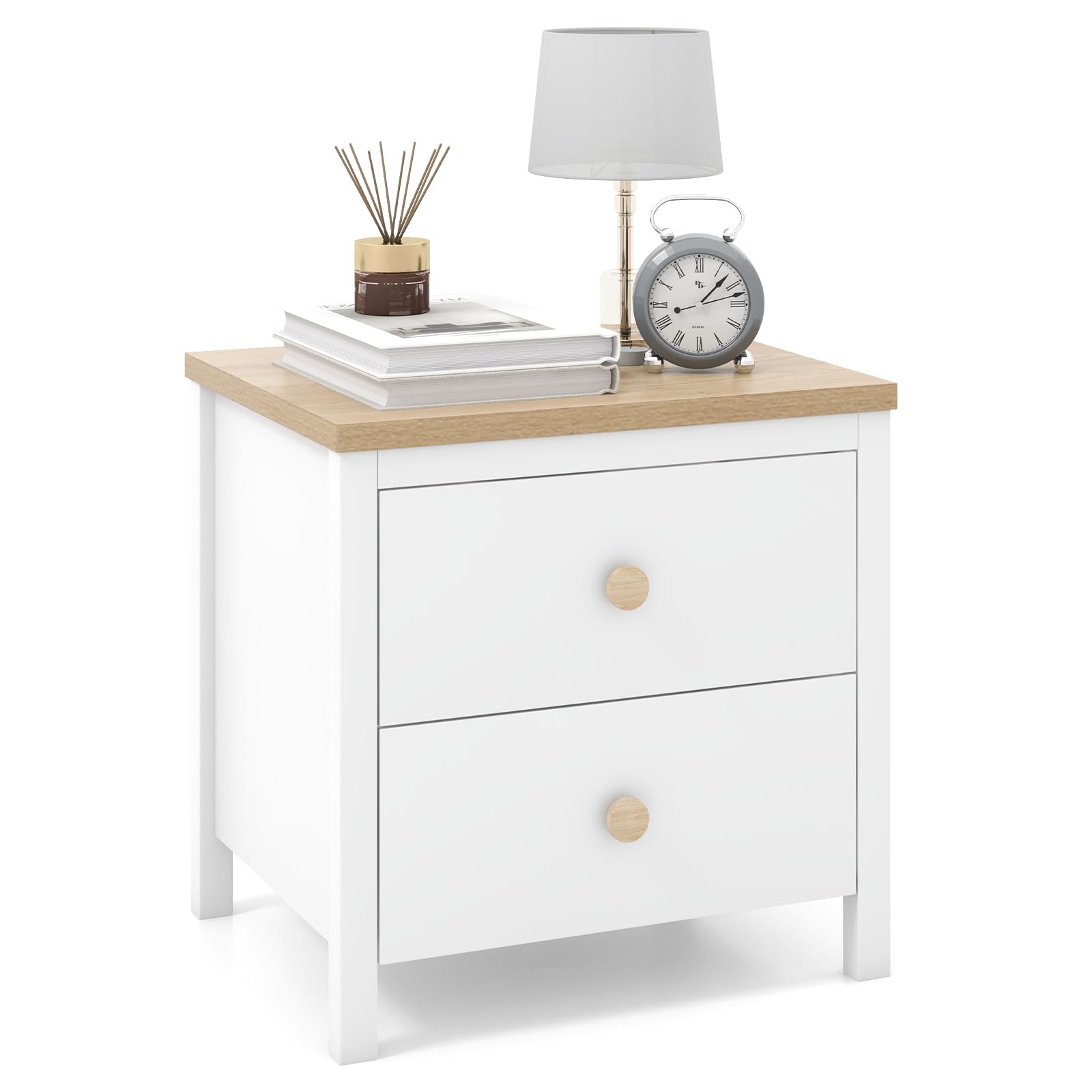 Giantex Night Stand with 2 Drawers, Farmhouse Bedside Table with Cute Round Knobs