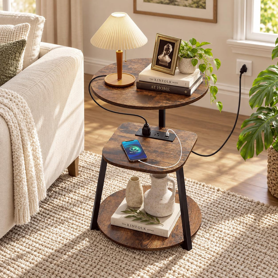 GIANTEX Round End Table with Charging Station