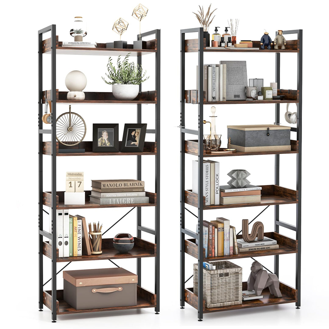 Giantex Industrial 6-Tier Bookshelf, 70" Tall Freestanding Storage Display Shelf with 4 Hooks
