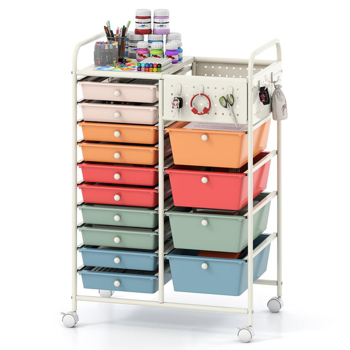 Giantex 14 Drawer Storage Cart | Rolling Craft Cart with Metal Tabletop &amp; Pegboard