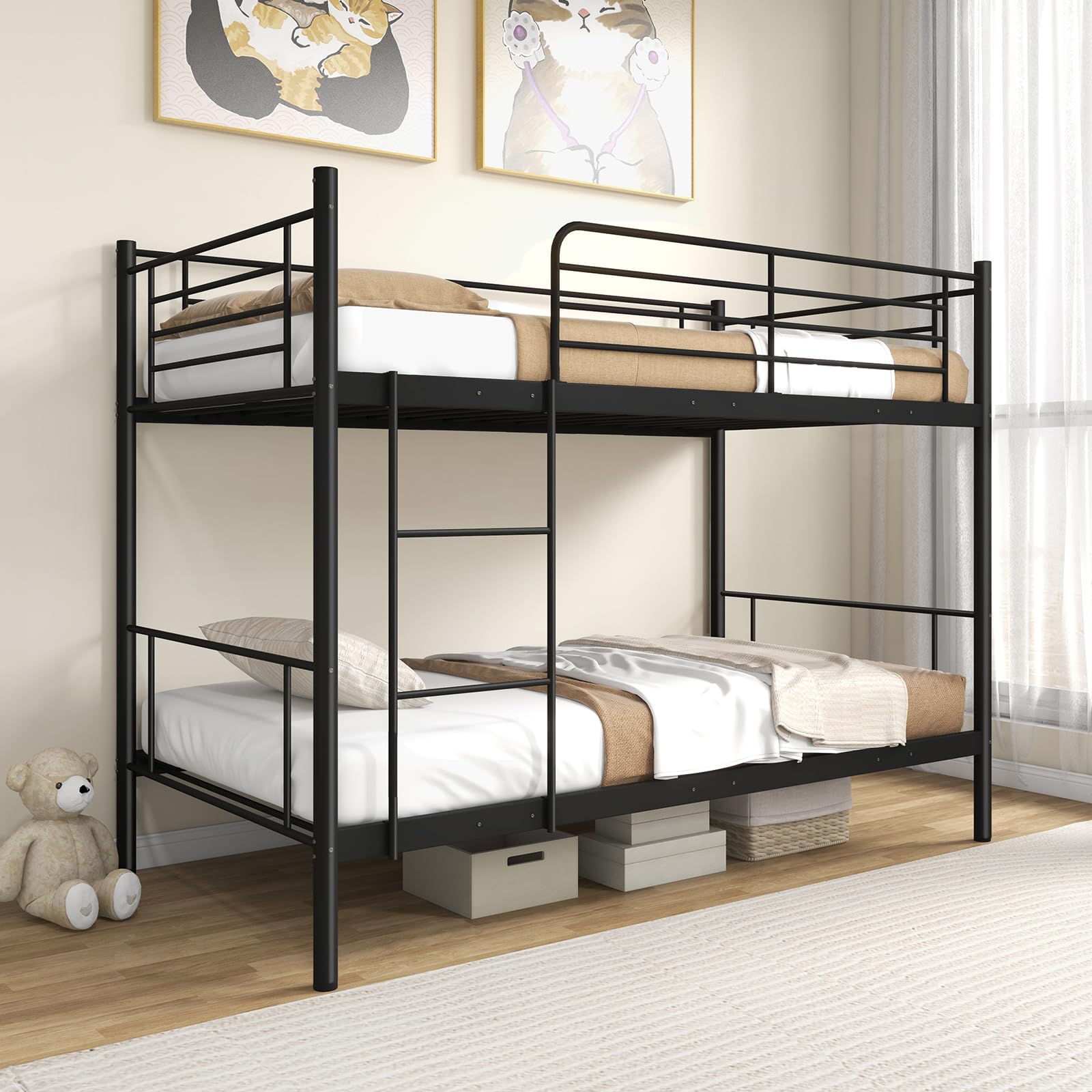 Giantex Bunk Bed Twin Over Twin, Metal Bunk Bed Frame w/Built-in Ladder, Safety Guardrail