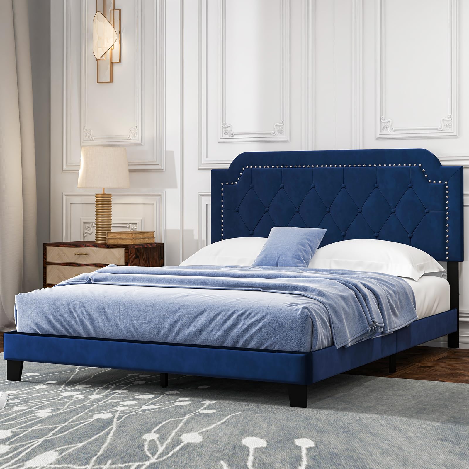 Giantex Velvet Queen Size Bed Frame, Upholstered Platform Bed with Button Tufted & Nailhead Trim Headboard