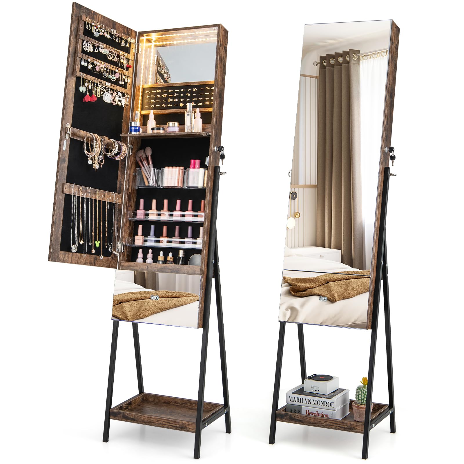 CHARMAID Jewelry Cabinet Armoire with Full Length Mirror, 3-Color Light Strips, Mirrored Tilt out Drawer