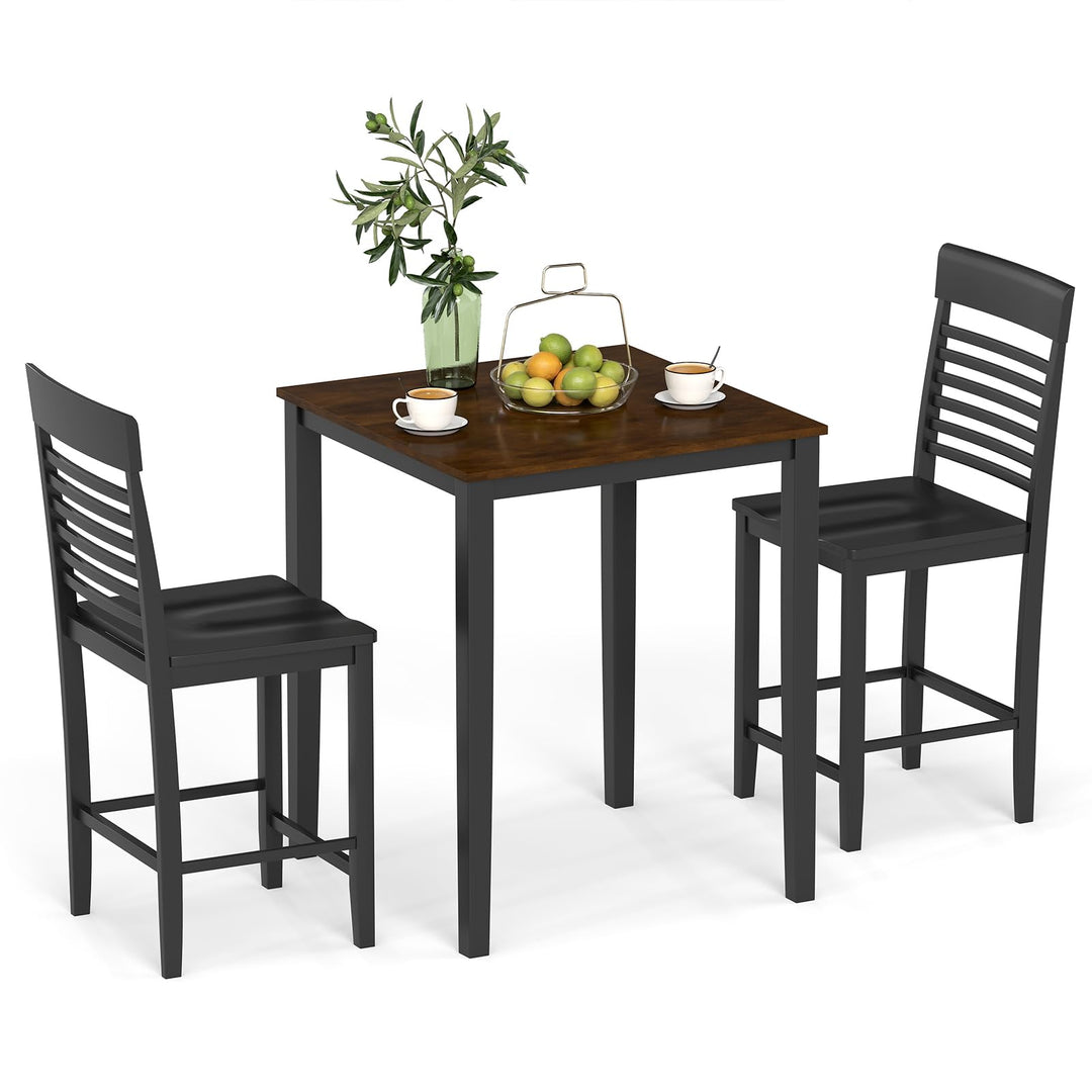 3-Piece Counter-Height Dining Table Set for 2 with Rubber Wood Frame and Footrest