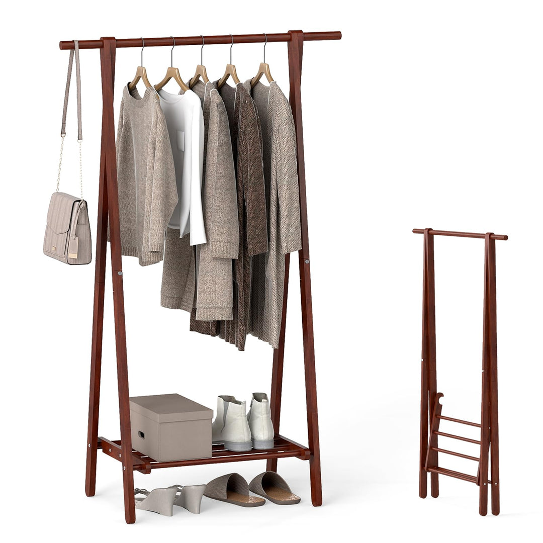Giantex Folding Rubber Wood Clothes Hanging Rack Standing Garment Rack with Bottom Storage Shelf