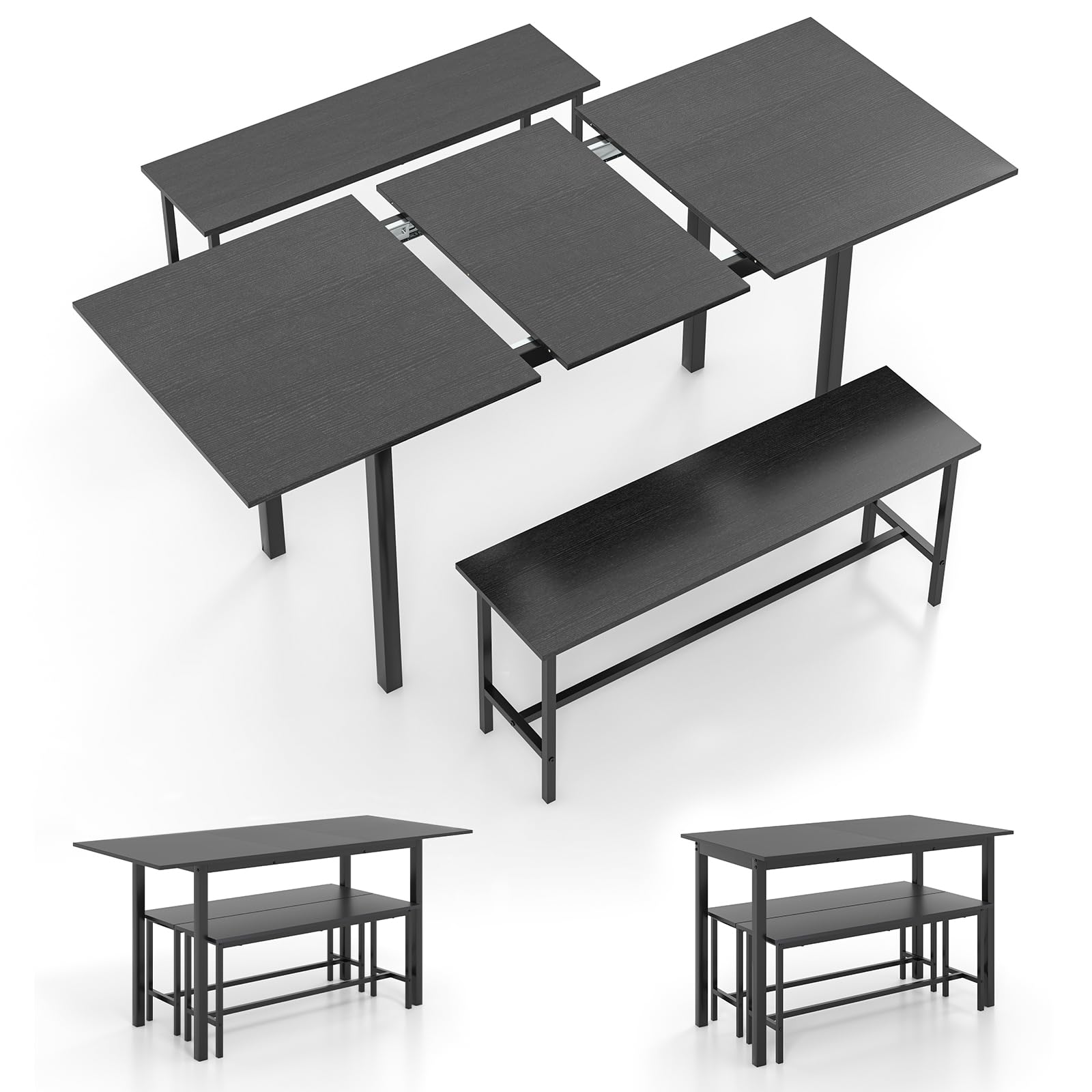 Giantex Dining Room Table Set for 4-6, 3 Piece Dining Table Set, 63” Extendable Dining Table with 2 Benches