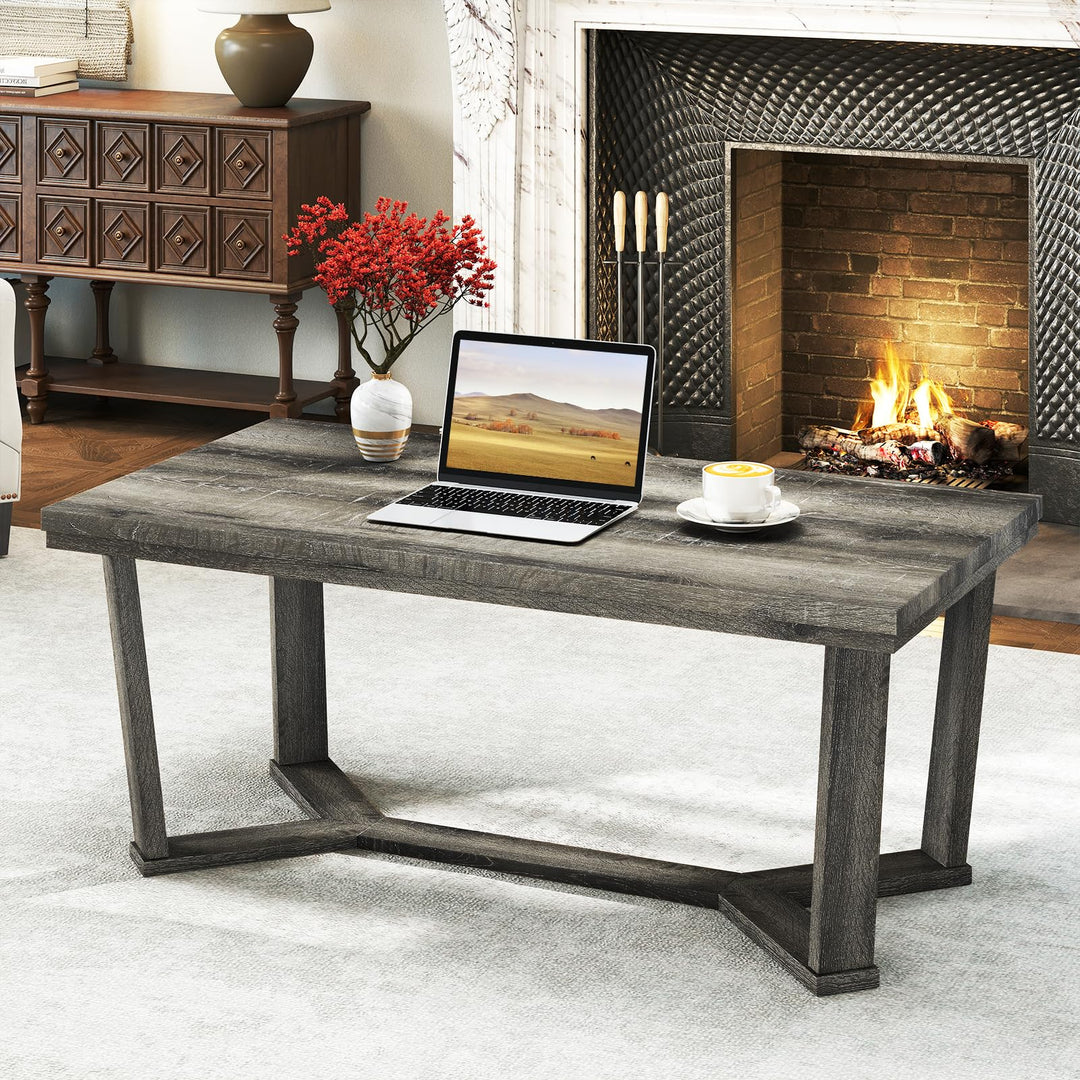 Giantex Farmhouse Wood Coffee Table with Cross-Shaped Base & Rubber Wood Frame