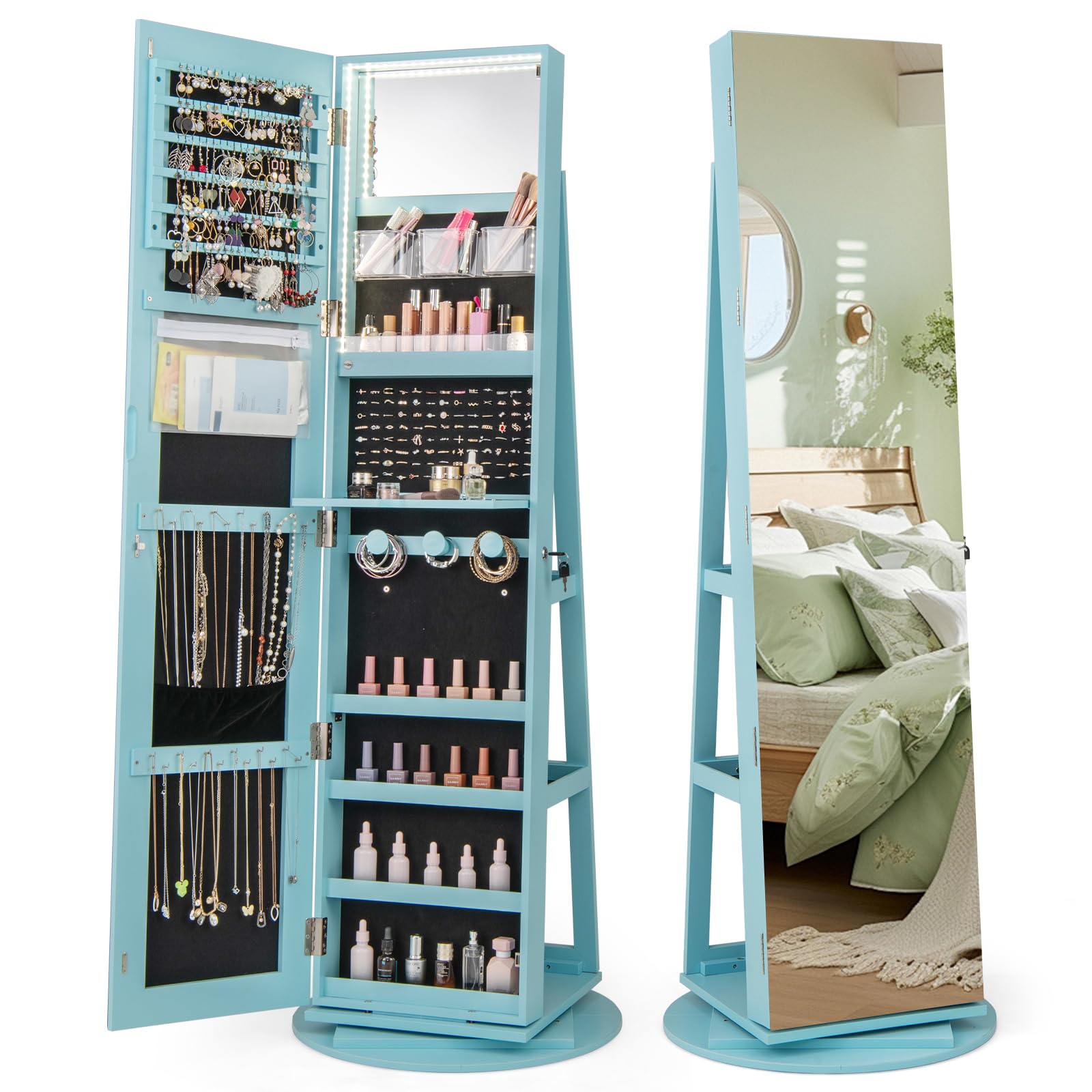 Convenient Top Flip Mirror Jewelry Armoire with Ample