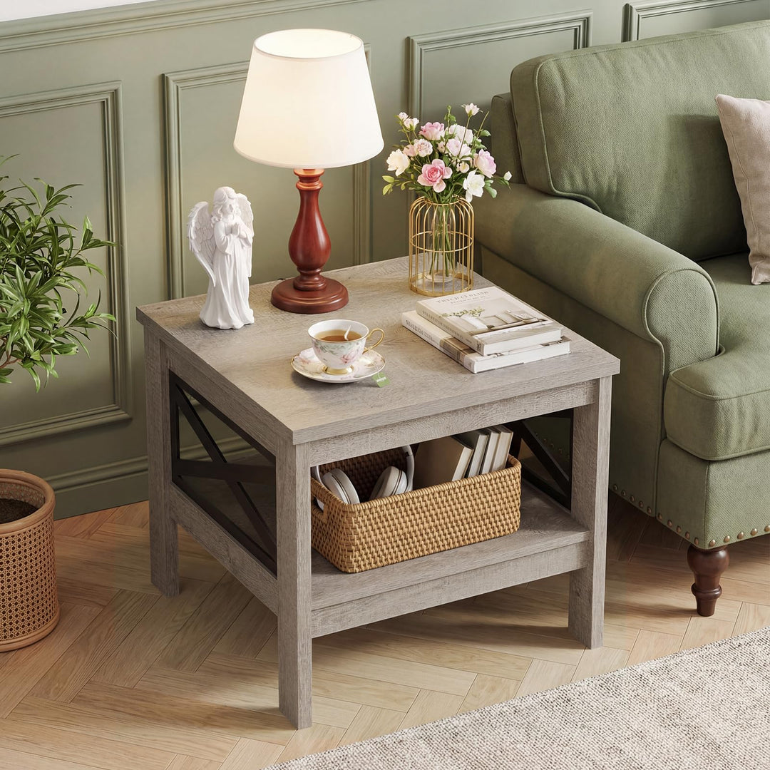 Giantex 2-Tier Square End Table with Storage Shelf &amp; X-Frame