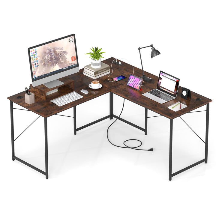 59 Inch Reversible Corner Desk with Power Outlet and USB Ports & Monitor Stand