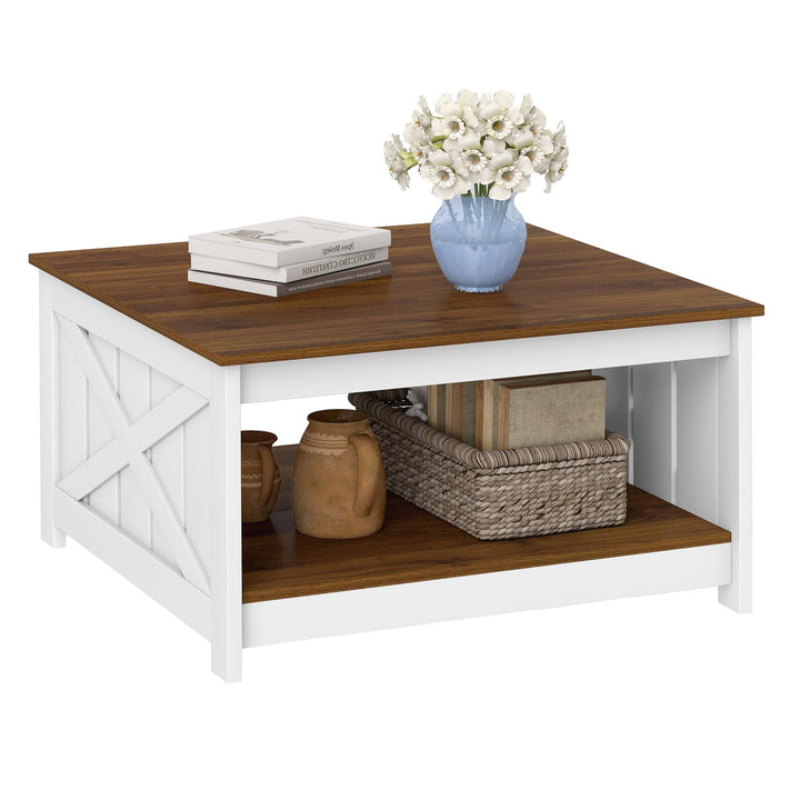 Giantex Farmhouse Coffee Table 31 Inch Square Wood Coffee Table with Storage Shelf