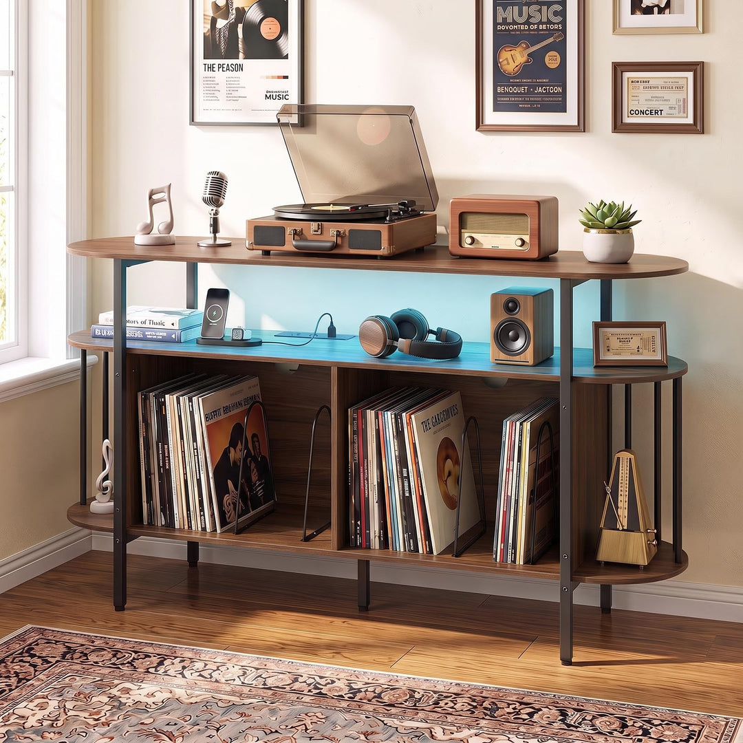 GIANTEX 3-Tier 55" Record Player Stand with LED Lights &amp; Power Outlets