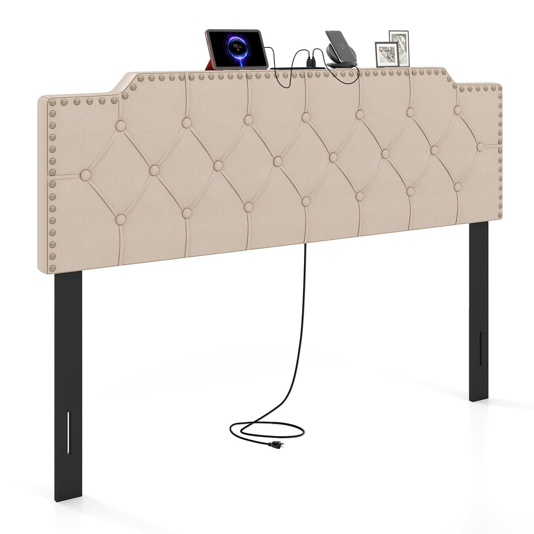 Giantex Headboard for Queen and Full Size Bed | Rivet Tufted Upholstered Head Board w/ 2 AC Outlets