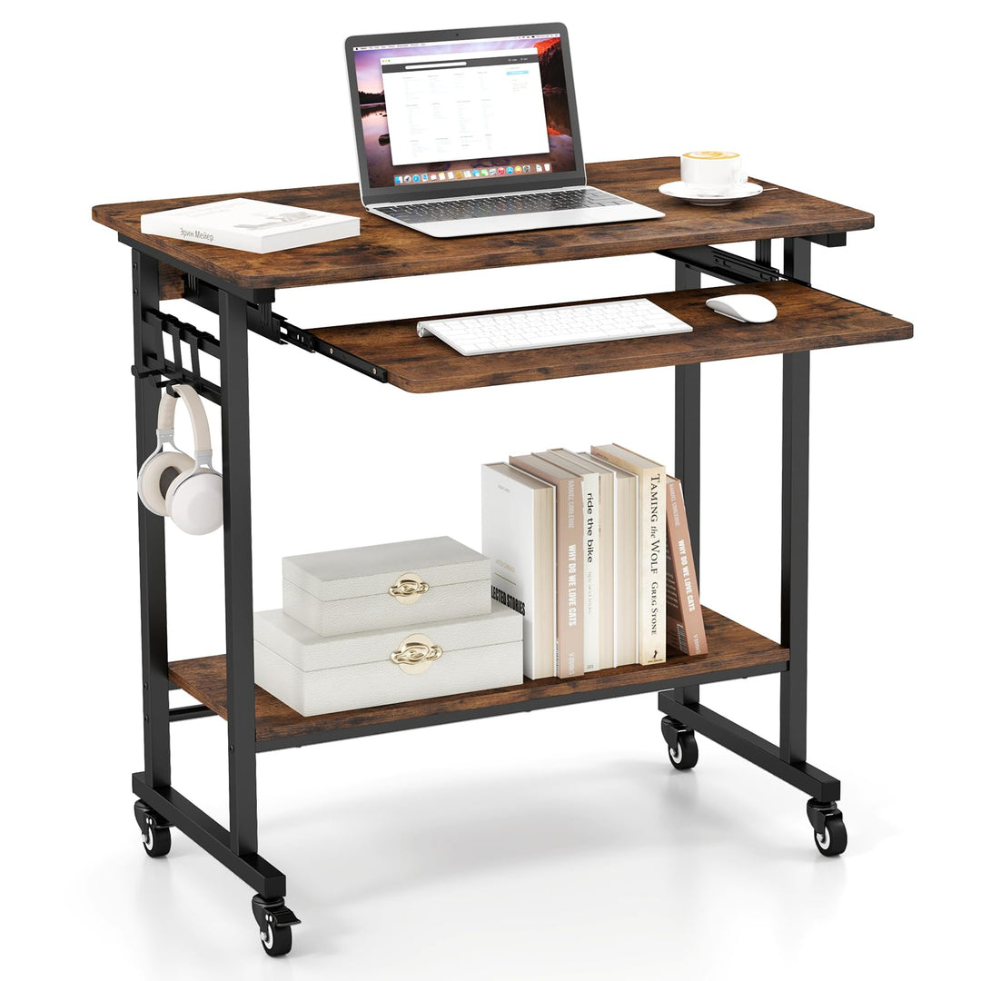 Giantex Mobile Computer Desk, Rolling Writing Desk with Keyboard Tray, Shelf & 3 Hanging Hooks, Rustic Brown & Black