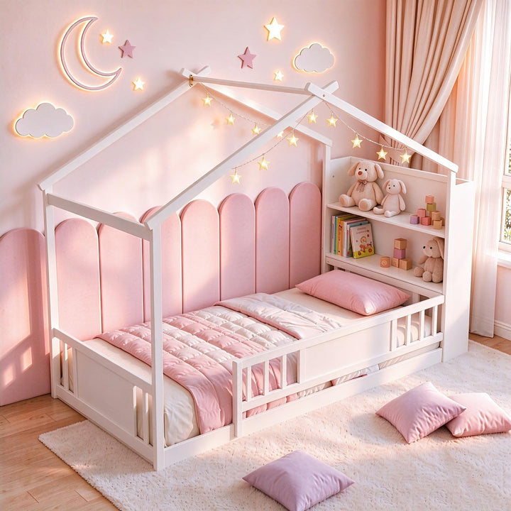 GIANTEX Twin Montessori Solid Wood Floor Bed with Storage Bookshelf