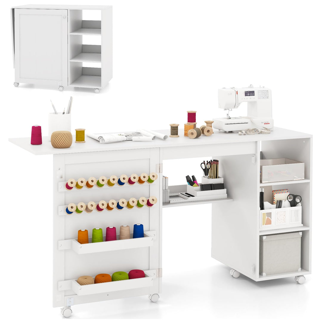 Giantex Folding Sewing Table - 57.5" x 20" Foldable Sewing Machine Cabinet with 18 Pegs
