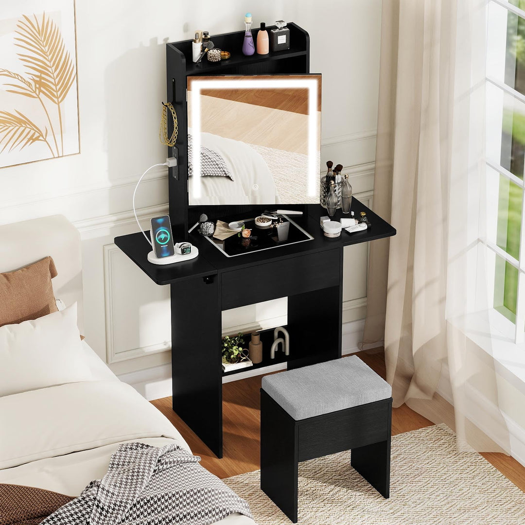 CHARMAID Compact Vanity Desk with Lighted Mirror & Charging Station