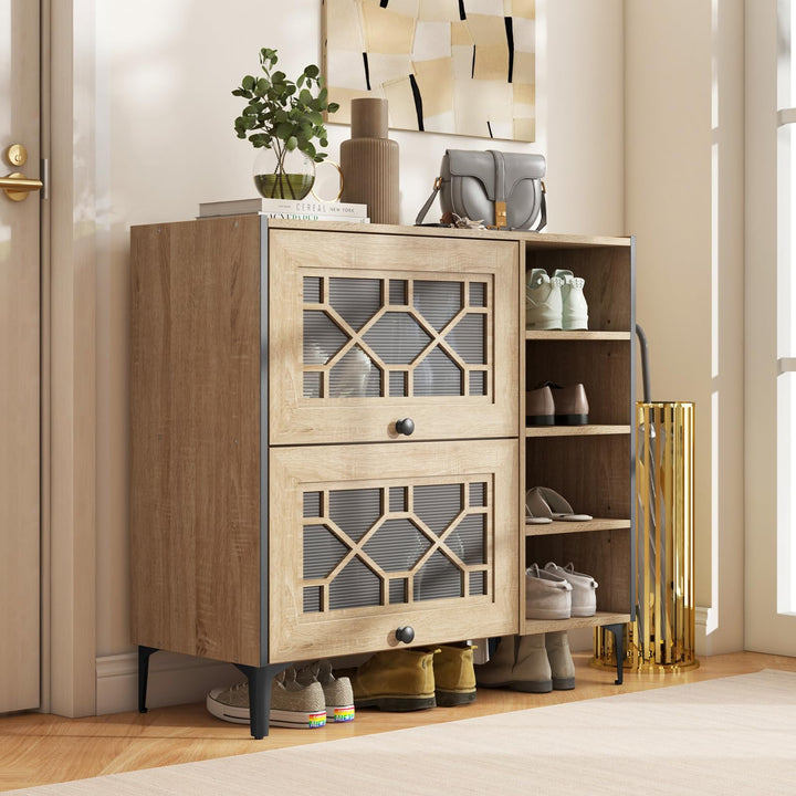 Giantex Shoe Cabinet with Flip & Slide Doors, Shoe Storage Cabinet with Adjustable Cube Shelves(Decorative Doors)