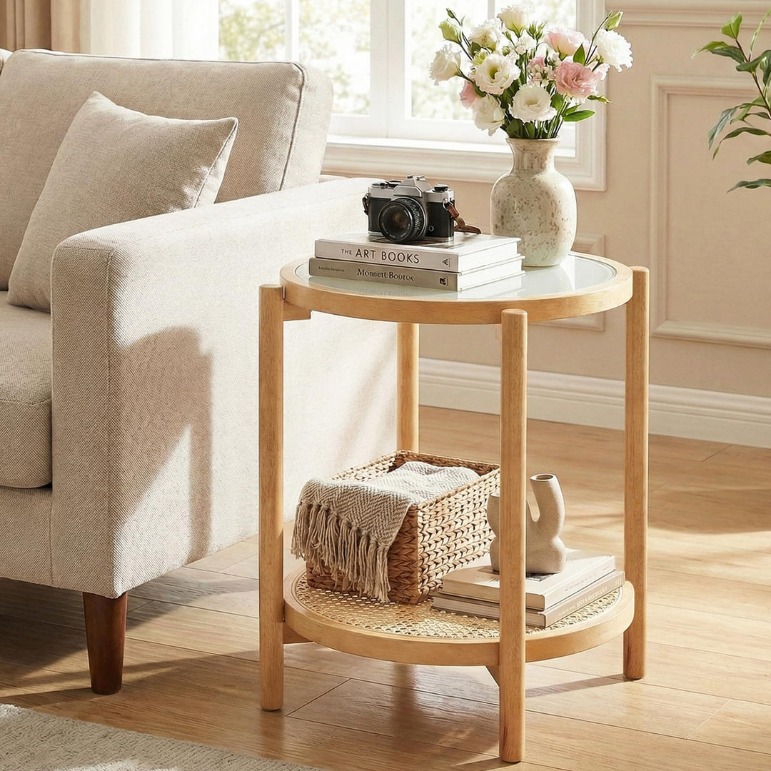 Giantex 2-Tier Boho Rattan Round Side Table w/Tempered Glass Top (1/2)