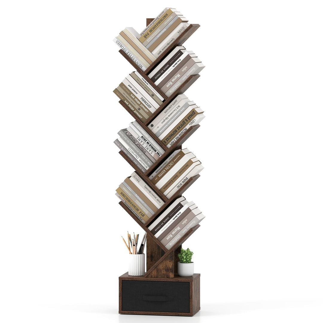 GIANTEX 9-Tier Tree Bookshelf | Tall Small Bookcase with Drawer