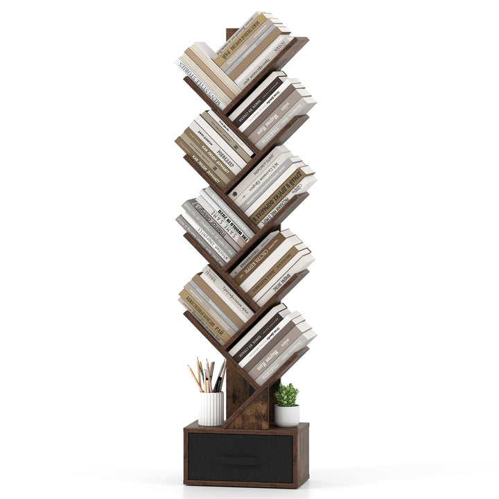 GIANTEX 9-Tier Tree Bookshelf | Tall Small Bookcase with Drawer