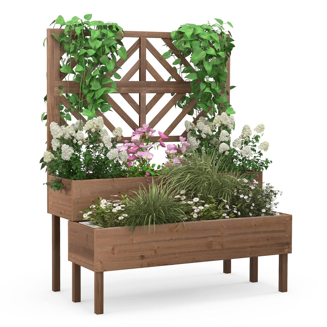 wood planter raised bed with trellis Giantex Raised Garden Bed with Trellis, 2-Tier Wooden Planter Box with Legs and Drain Holes (Brown)