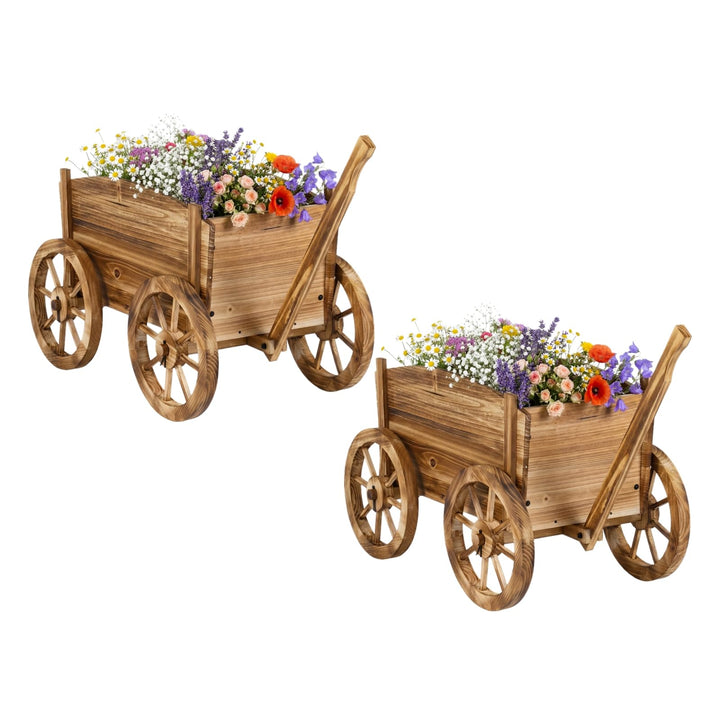 Giantex Wood Wagon Planter Rustic Rolling Flower Pot Stand