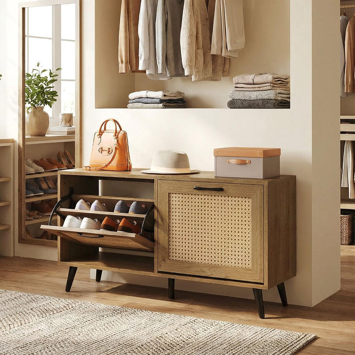 Giantex Rattan Shoe Cabinet with 2 Flip Drawers