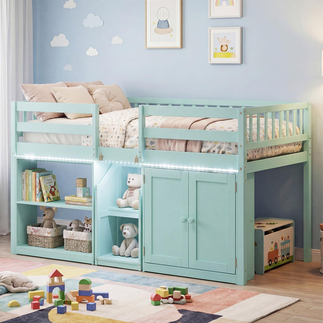 Giantex Low Loft Bed Twin Size with LED Lights, Wooden Bed Frame