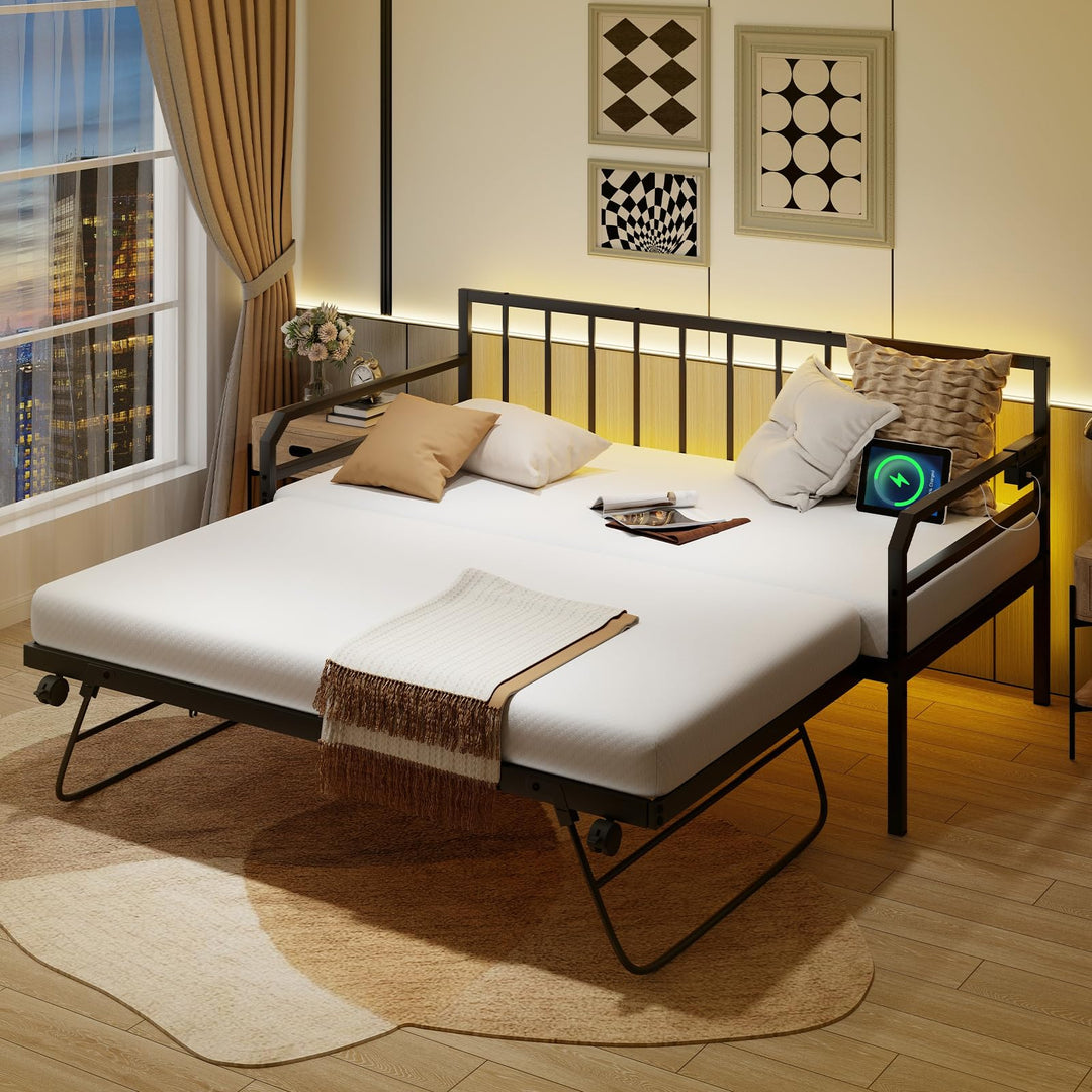 Giantex Twin Daybed with Trundle, Twin Bed Frame with Charging Station & LED Lights, Metal Trundle Bed Twin w/Steel Slats Support