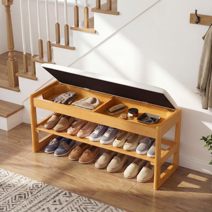 Giantex Rubberwood  Shoe Rack Bench with Linen Seat Cushion